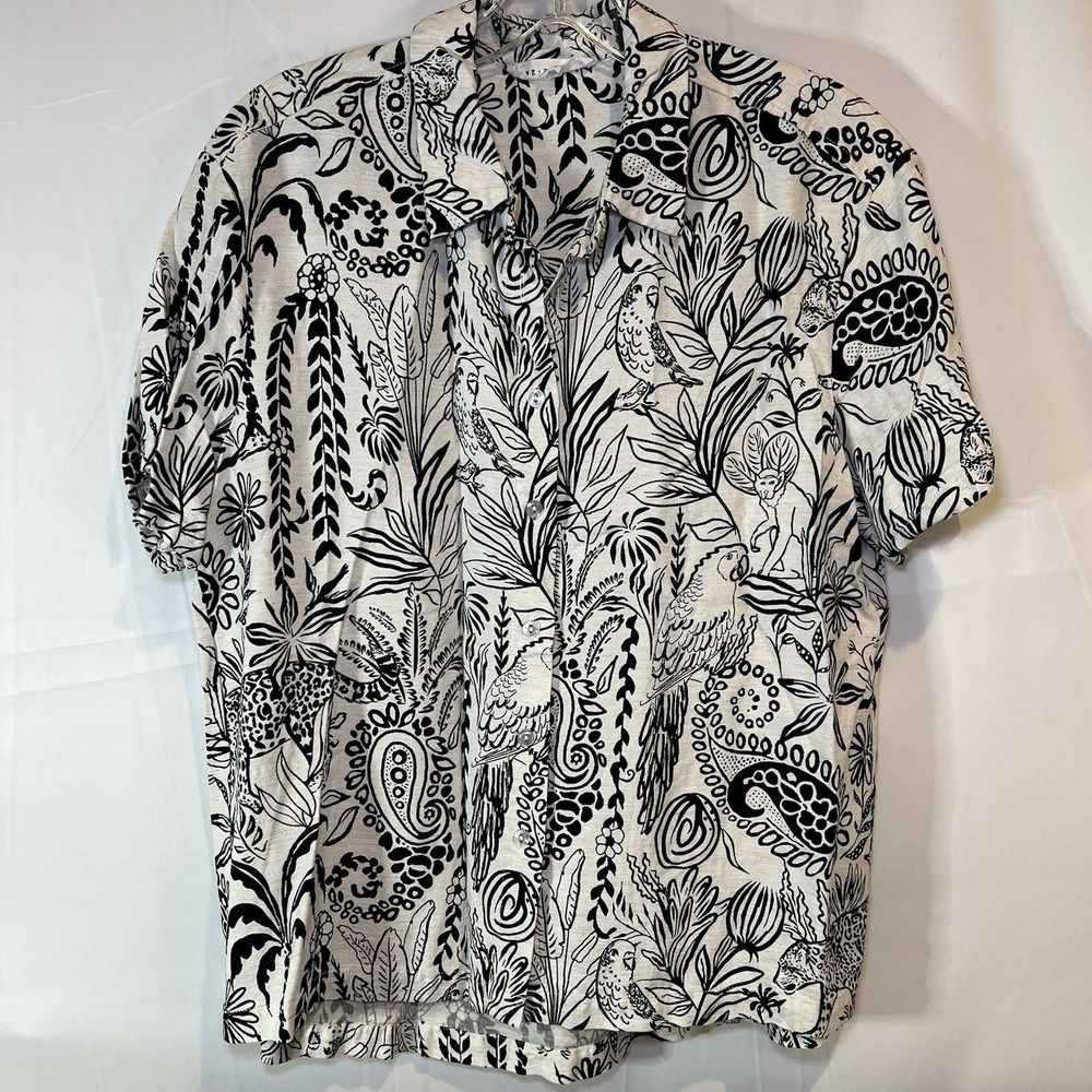 Women's Large Jane Delancey‎ Button Black White Jungle Print Short Sleeve Blouse